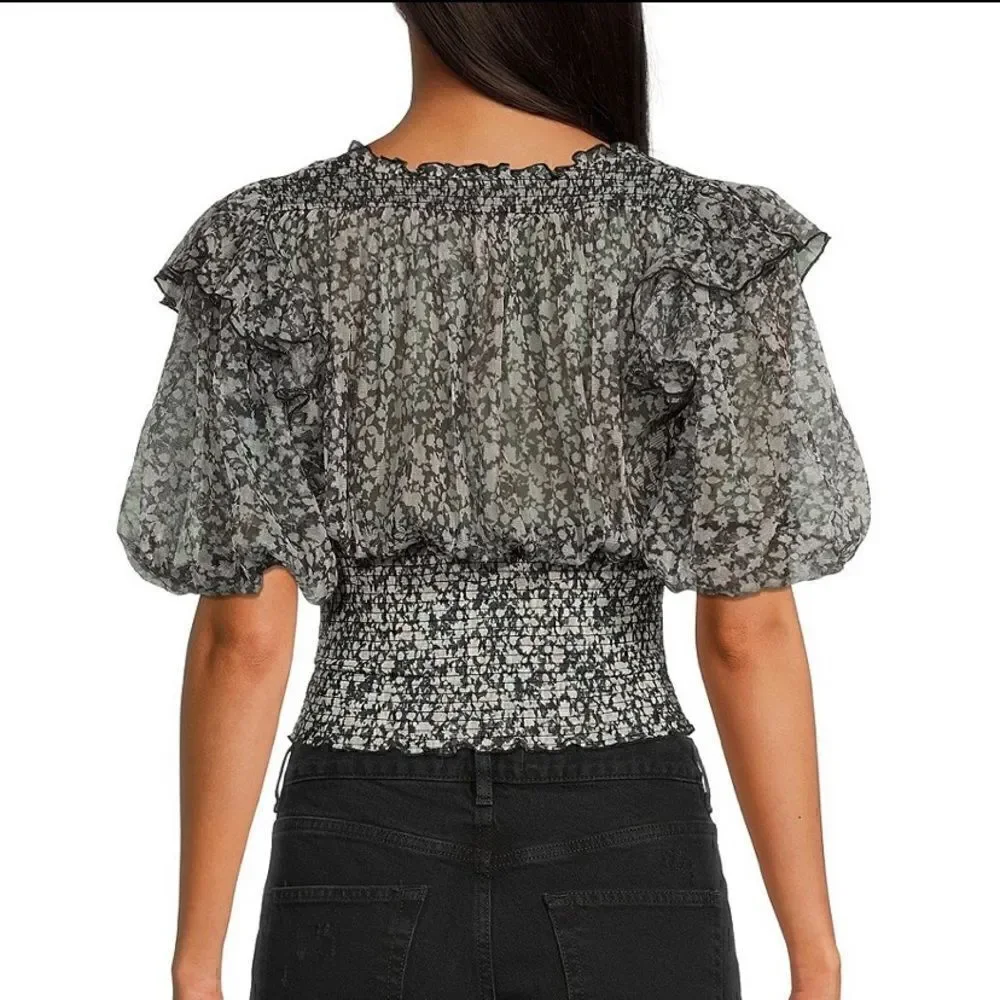 Free People Beatrice Floral Print Cross Tie Neck Smocked Crop Top NWT Size Large